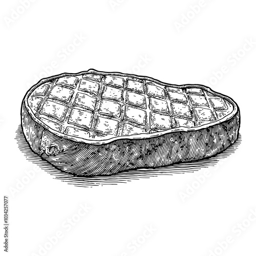 Grilled Meat Steak in Vintage Black and White Outline Line Art Drawing with Textured Details