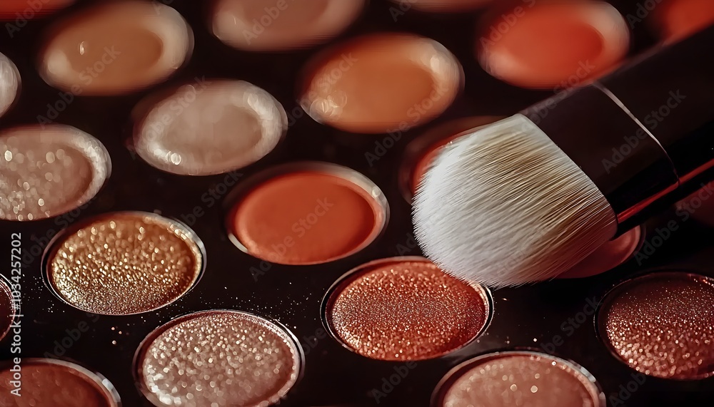 Soft makeup brush resting next to a glittering bronze eyeshadow palette, glamorous and luxurious beauty concept, featuring warm metallic tones Soft makeup brush resting next to a glittering bronze eyeshadow palette, glamorous and luxurious beauty concept, featuring warm metallic tones