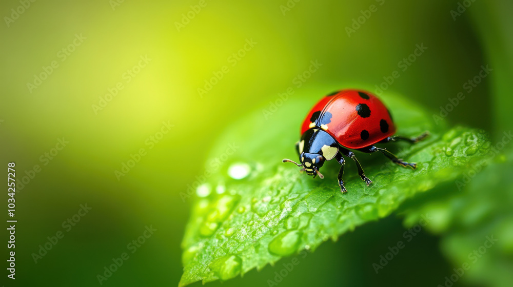 A vibrant ladybug rests gracefully on a green leaf under warm sunlight in nature's embrace A vibrant ladybug rests gracefully on a green leaf under warm sunlight in nature's embrace