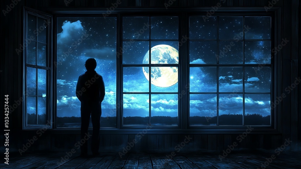 A silhouette of a person gazing out a window at a full moon and starry night sky, evoking contemplation and wonder. A silhouette of a person gazing out a window at a full moon and starry night sky, evoking contemplation and wonder.