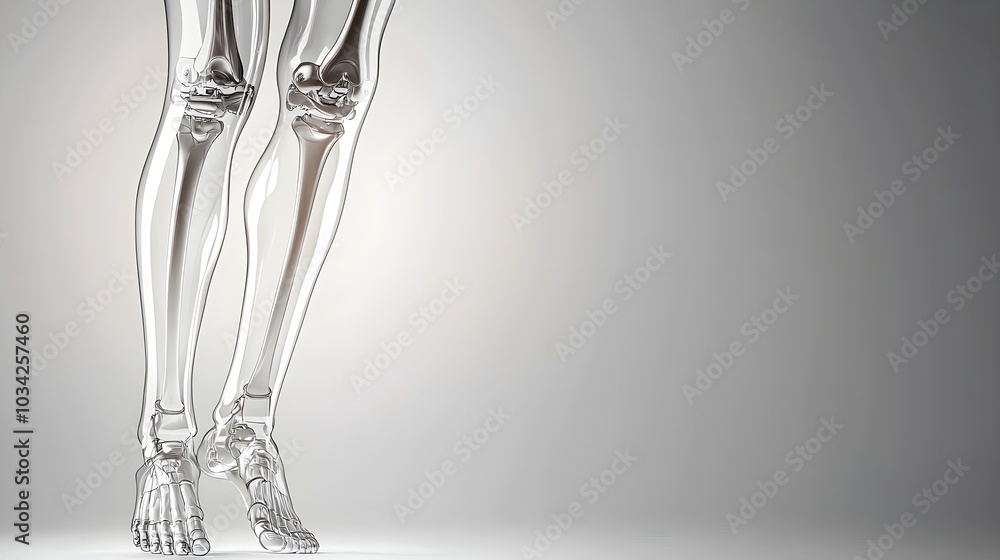 Translucent human leg with detailed bones and joints, abstract representation of futuristic biomechanics and medical technology, sleek and modern Translucent human leg with detailed bones and joints, abstract representation of futuristic biomechanics and medical technology, sleek and modern