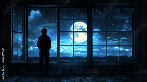 A silhouette of a person gazing out a window at a full moon and starry night sky, evoking contemplation and wonder.