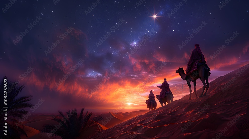 Fototapeta premium Astrologers on camels pointing at a bright star in the twilight sky, the sand dunes glowing softly under the fading light of the sun, the sky filled with warm orange and purple tones,