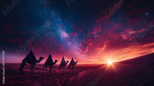 Wallpaper Mural Astrologers on camels silhouetted against a twilight sky, pointing at a radiant star, the sky blending from deep blue to soft pink, Torontodigital.ca