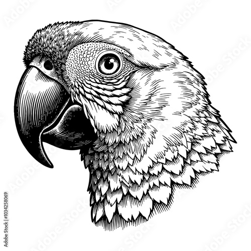 Parrot Bird Head Side View Detailed Black and White Outline Line Art Drawing