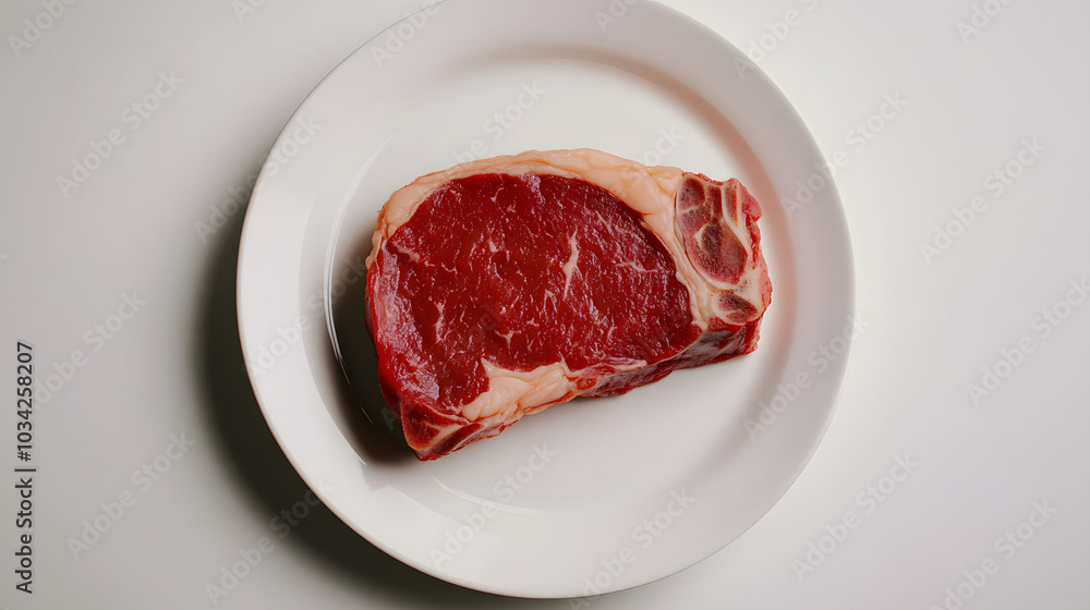 Raw steak on a white plate, minimalist presentation, emphasizing texture and color, suitable for culinary displays and food presentations Raw steak on a white plate, minimalist presentation, emphasizing texture and color, suitable for culinary displays and food presentations
