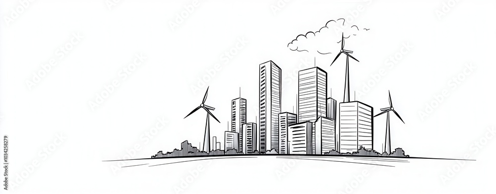 Obraz premium Sketch of an urban skyline with wind turbines and clouds, white isolate background. Generative AI