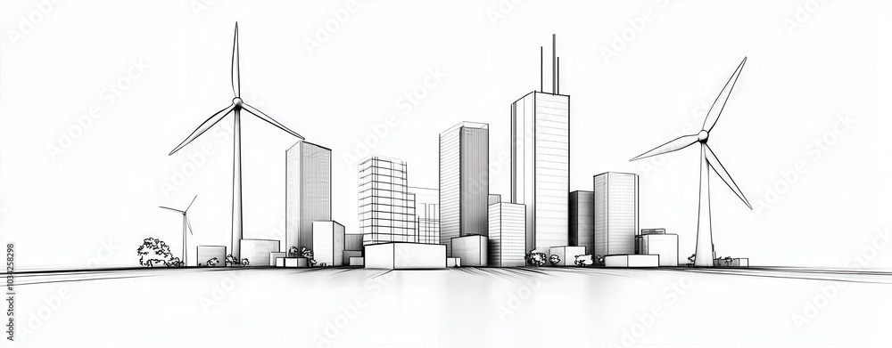 Obraz premium Outline of a modern skyline with wind turbines, white background Generative AI