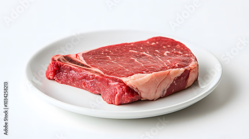 Raw steak on a pristine white plate, minimalistic presentation, inviting texture, culinary focus, vibrant color contrast