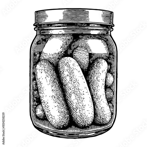 Pickles Inside a Jar Vintage Style Black and White Outline Line Art Drawing Illustration
