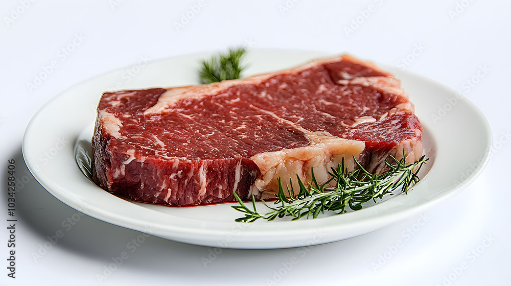 Raw steak on a white plate, minimalist presentation, vibrant red meat against a clean background, inviting culinary focus Raw steak on a white plate, minimalist presentation, vibrant red meat against a clean background, inviting culinary focus