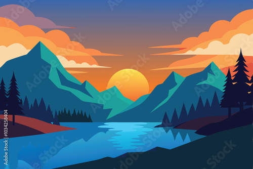 Nature landscape vector illustration with lake view at sunset