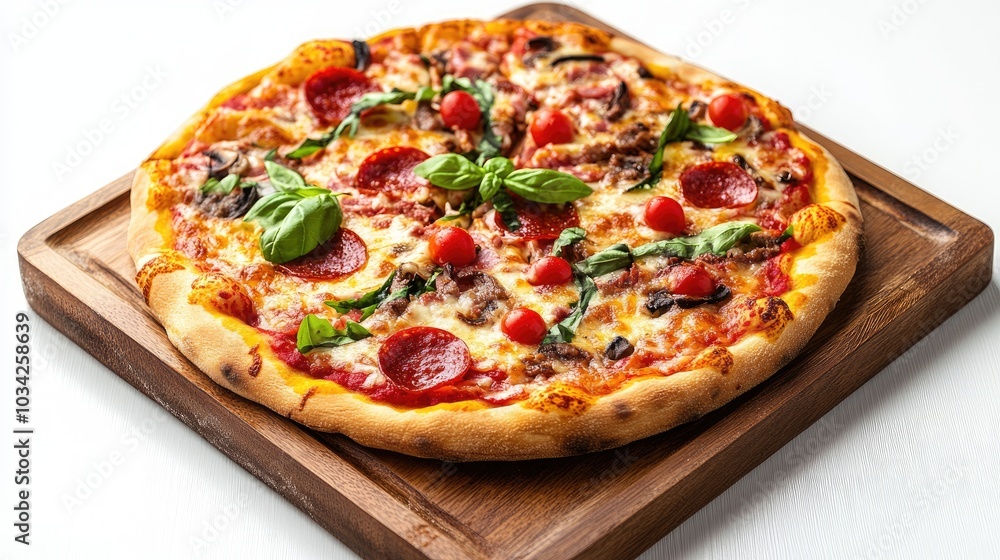 A classic pizza with melted cheese and pepperoni on a wooden tray, isolated on white A classic pizza with melted cheese and pepperoni on a wooden tray, isolated on white