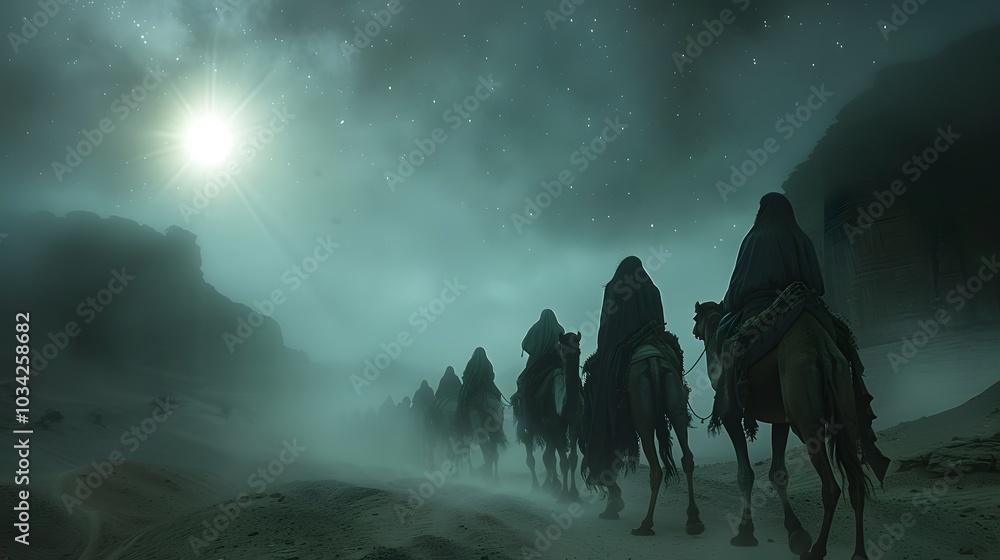 Fototapeta premium Silhouetted astrologers on camels, flowing robes catching the wind as they cross a moonlit desert, the sky brimming with stars, a radiant eastern star lighting their path,