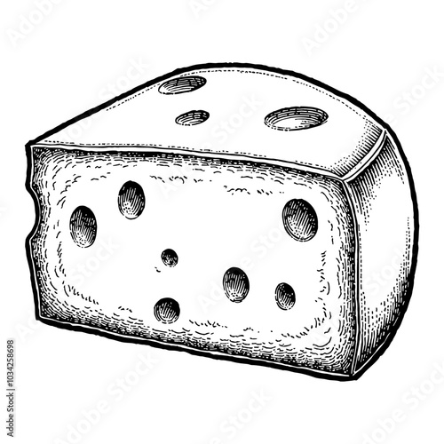 Cheese Wheel Slice in Detailed Vintage Black and White Outline Line Art Drawing