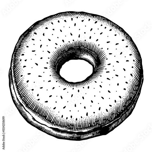 Bagel in Detailed Black and White Outline Line Art Drawing with Seed Texture Vintage Style