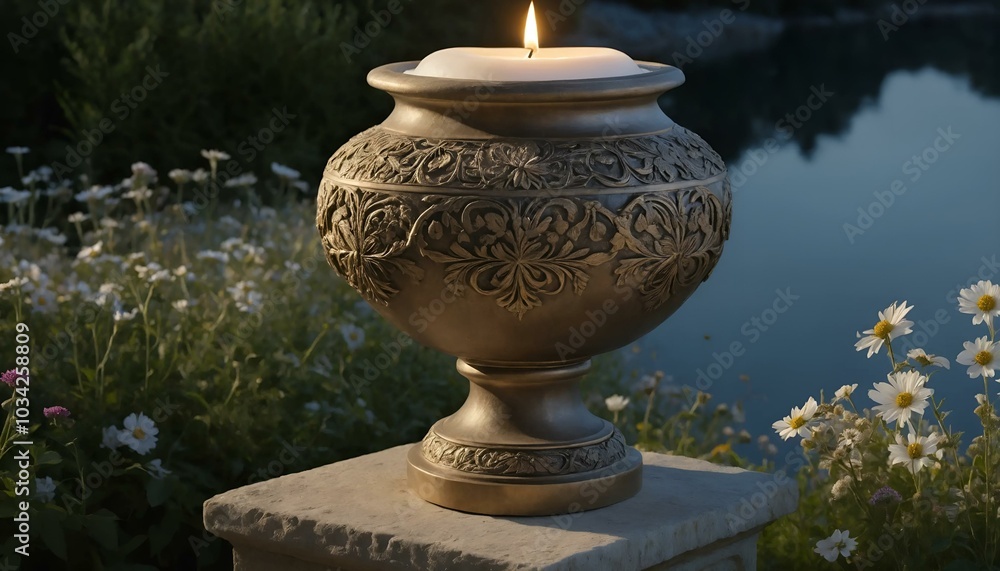 Decorative urn with candle and intricate design by a peaceful lake
Decorative urn with candle and intricate design by a peaceful lake