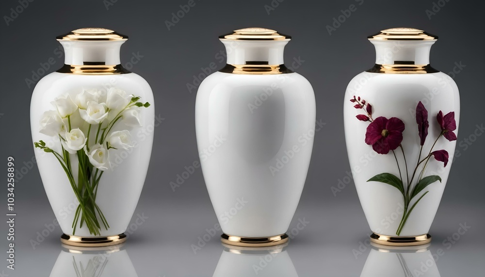 Elegant set of porcelain urns with floral designs and gold accents Elegant set of porcelain urns with floral designs and gold accents