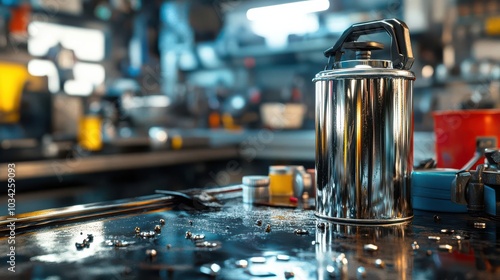 A metal oil can on an industrial workshop surrounded by tools and machinery photo