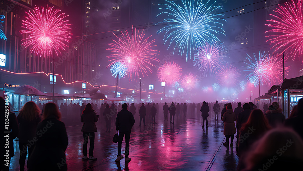 A futuristic neon lit celebration takes over the city on January 1st, 2025, marked by a dazzling display of silver and black decorations.