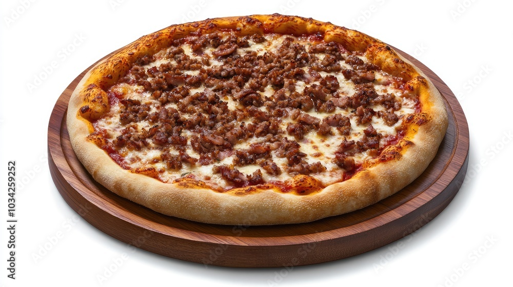 A delicious-looking pizza with toppings on a wooden tray, isolated on a clean white surface A delicious-looking pizza with toppings on a wooden tray, isolated on a clean white surface