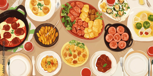 Swedish julbord spread with variety of cold and hot dishes, illustration art