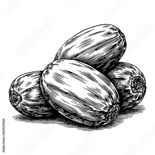 Date Fruit Cluster in Detailed Retro Black and White Outline Line Art Drawing Illustration