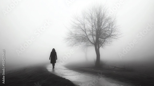 A solitary figure walks along a misty path, with a bare tree in the background, evoking feelings of solitude.