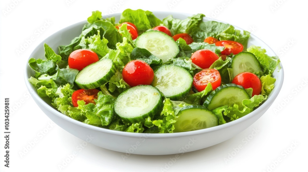 A fresh salad bowl with cucumbers, lettuce, and cherry tomatoes on a bright white background A fresh salad bowl with cucumbers, lettuce, and cherry tomatoes on a bright white background