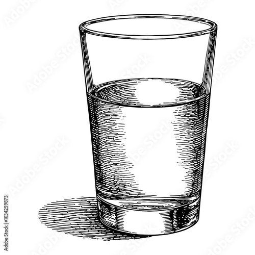 Glass of Water in Classic Vintage Black and White Outline Line Art Drawing with Detailed Sketch