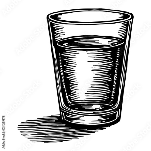 Glass of Water with Shadow in Elegant Black and White Outline Line Art Drawing