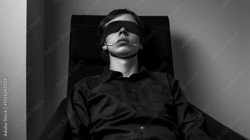Sensory Deprivation Chamber: Participant Wearing Blindfold and Earplugs in a Tranquil Monochrome Room, Embracing Solitude and Serenity Sensory Deprivation Chamber: Participant Wearing Blindfold and Earplugs in a Tranquil Monochrome Room, Embracing Solitude and Serenity