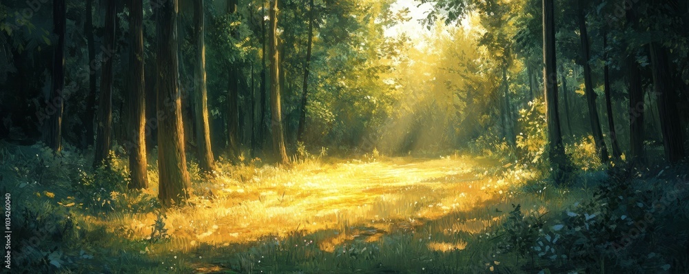 Fototapeta premium Sunlight filters through a dense forest.