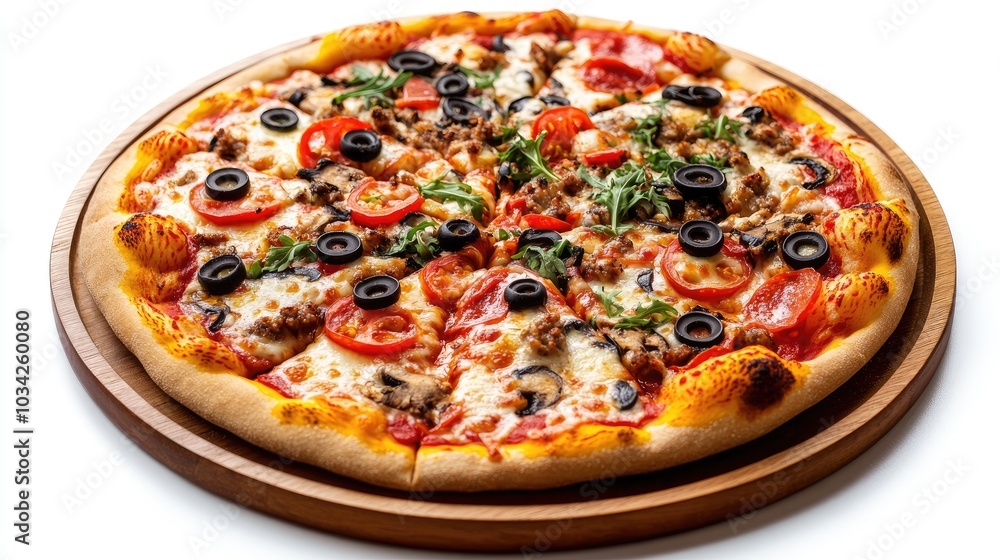 A freshly baked pizza with toppings, served on a wooden tray, isolated on a white background A freshly baked pizza with toppings, served on a wooden tray, isolated on a white background
