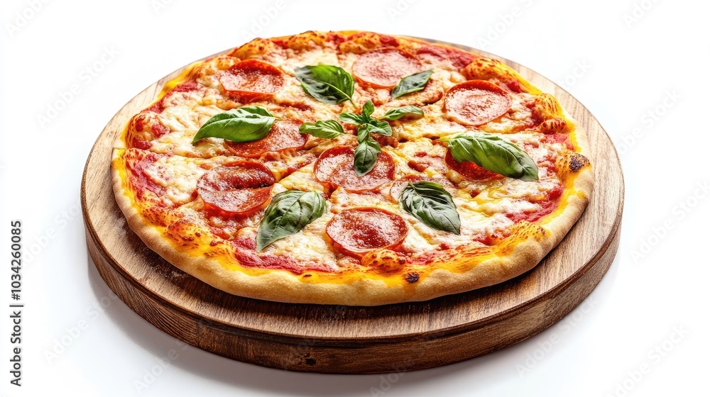 A freshly baked pizza with toppings, served on a wooden tray, isolated on a white background A freshly baked pizza with toppings, served on a wooden tray, isolated on a white background
