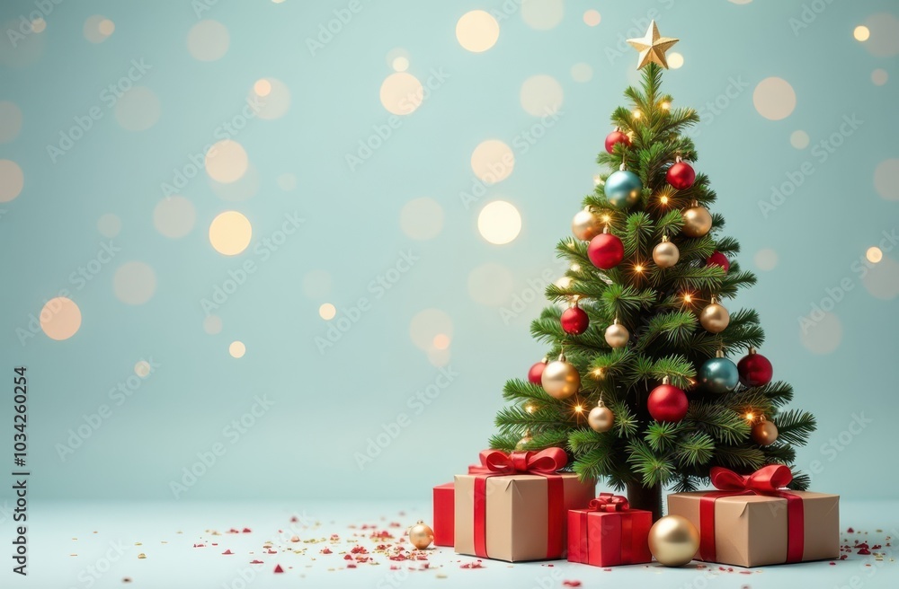 Christmas Tree on New Year's Blue Background with Gifts Christmas Tree on New Year's Blue Background with Gifts
