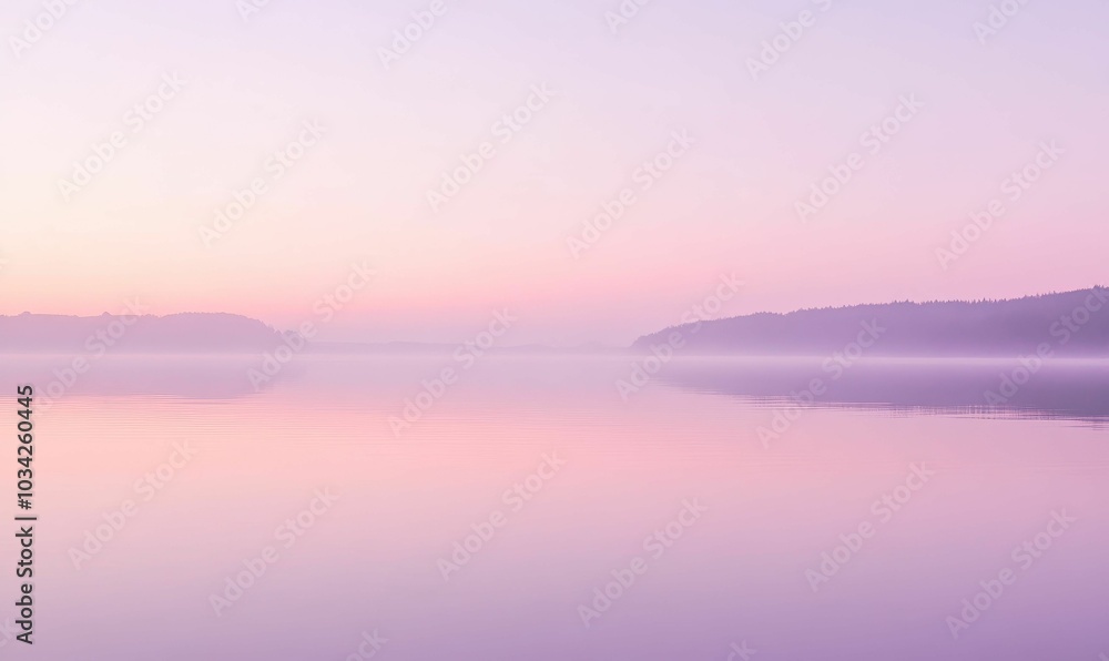 Pink sky, calm lake, misty trees. Pink sky, calm lake, misty trees.