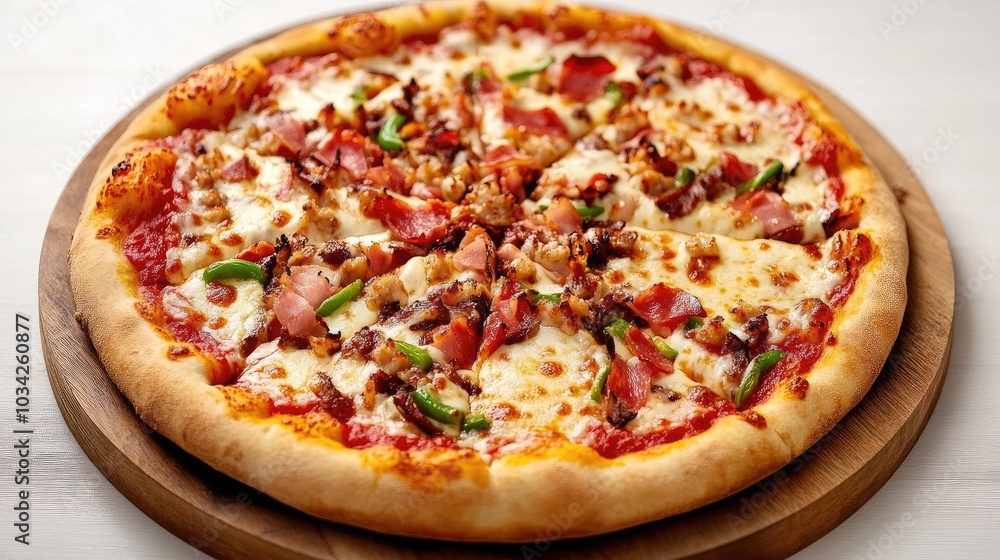 A mouthwatering pizza with melted cheese and toppings on a wooden tray, set against a white backdrop A mouthwatering pizza with melted cheese and toppings on a wooden tray, set against a white backdrop