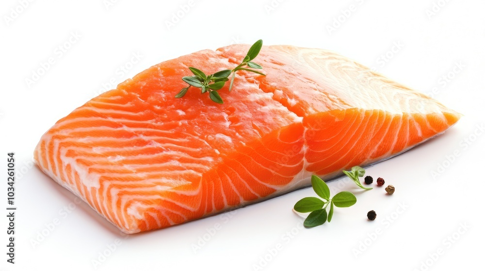A perfectly cut salmon fillet on a white background, ideal for seafood-themed concepts A perfectly cut salmon fillet on a white background, ideal for seafood-themed concepts