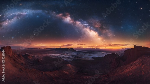 Lanscape view of the desert with stars and milky way galaxy over the night sky. 