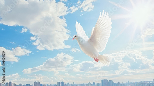 White Dove Flying in Blue Sky with Sun and Clouds photo