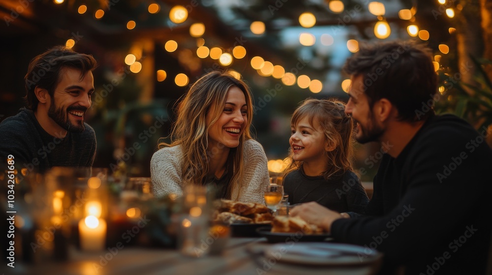 Friends and family enjoy a delightful outdoor dinner, filled with laughter and good food, surrounded by warm fairy lights as dusk settles in. Friends and family enjoy a delightful outdoor dinner, filled with laughter and good food, surrounded by warm fairy lights as dusk settles in.