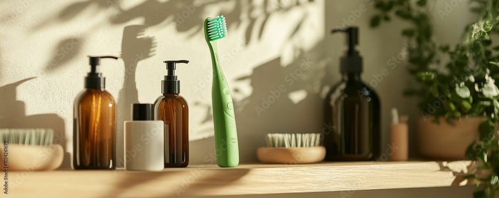 Bathroom shelf with bottles, toothbrush, and brush. Bathroom shelf with bottles, toothbrush, and brush.