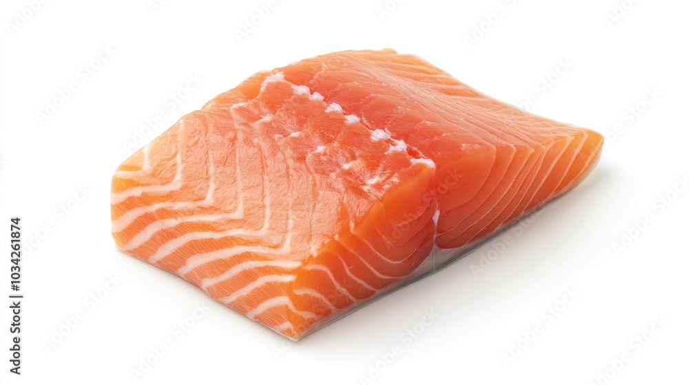 A single piece of raw, fresh salmon isolated on a white background, showcasing its natural color A single piece of raw, fresh salmon isolated on a white background, showcasing its natural color