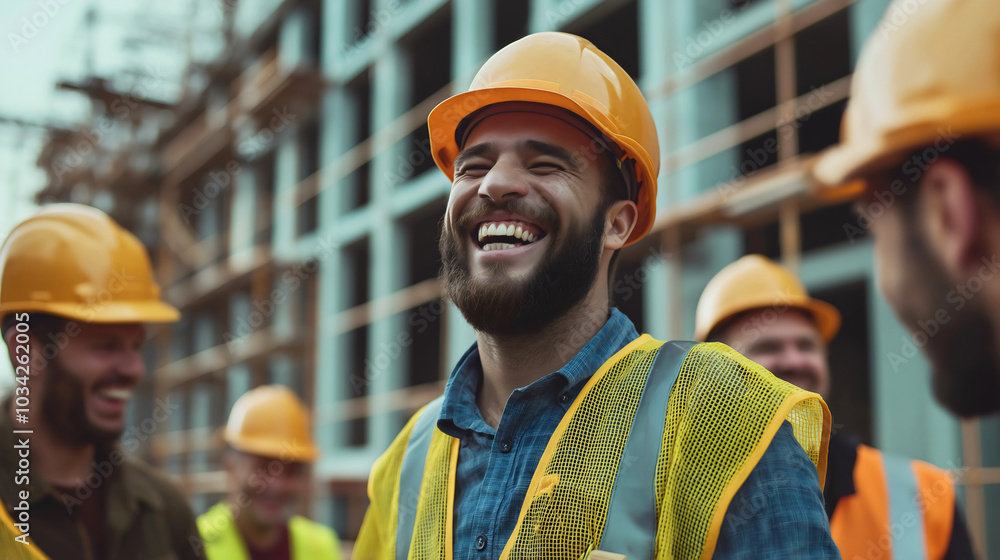 Smiling construction workers taking a break at the construction site, enjoying a moment of rest amidst their hard work, sitting together in a relaxed atmosphere. Smiling construction workers taking a break at the construction site, enjoying a moment of rest amidst their hard work, sitting together in a relaxed atmosphere.