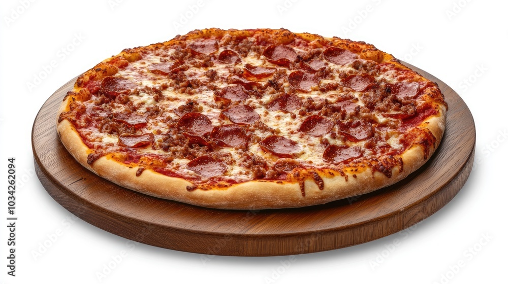 A tasty pizza with crispy edges on a wooden tray, neatly isolated on a bright white background A tasty pizza with crispy edges on a wooden tray, neatly isolated on a bright white background