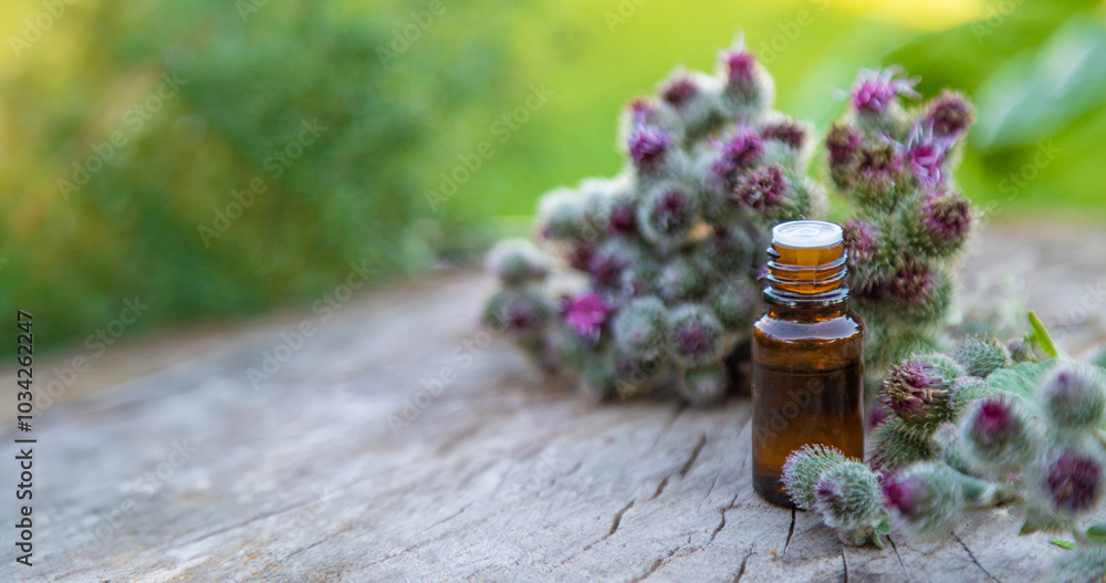 Burdock extract in a bottle. Selective focus. Burdock extract in a bottle. Selective focus.