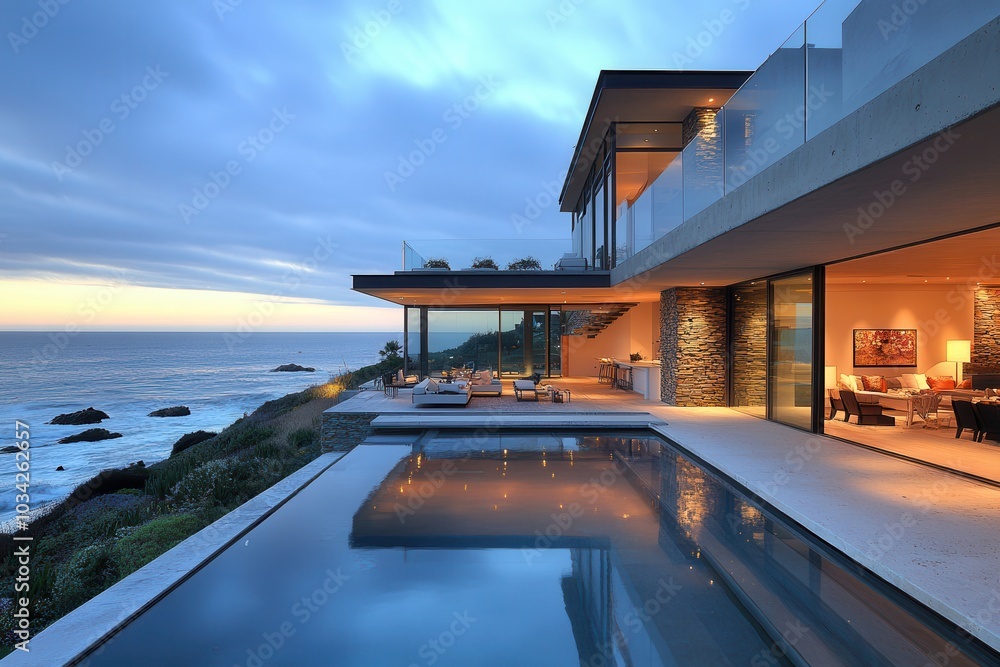 Fototapeta premium Modern luxury beachfront villa with infinity pool at sunset, offering stunning ocean views and elegant architecture for a serene retreat.