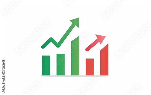 Red and green arrow chart showing financial growth and decline. Minimalist design on white background.