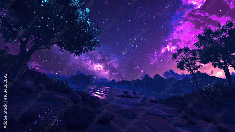 An otherworldly galaxy backdrop with vivid purple hues, illuminated by the night glowing stars An otherworldly galaxy backdrop with vivid purple hues, illuminated by the night glowing stars